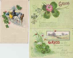 3 db régi üdvözlőlap, lóhere motívummal, mind litho, az egyik dombornyomott