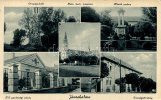 Jánoshalma, téli gazdasági iskola, bíróság, római katolikus templom, Hősök szobra, országzászló (fa)