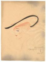 Pólya Tibor (1886-1937): Kalapos hölgy 1915. Vegyes technika, papír, jelzett, 25×18 cm