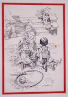 Mühlbeck Károly (1869-1943): Négy testvér. Tus, papír, jelzett, üvegezett keretben, 31x25cm