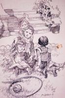 Mühlbeck Károly (1869-1943): Négy testvér. Tus, papír, jelzett, üvegezett keretben, 31x25cm