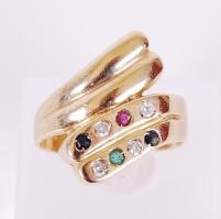 Arany 14K (Au) gyűrű 8db szintetikus kővel, több színben, bruttó:5,7 g, méret:54 /Gold 14 ct ring with syntheti stones