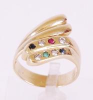 Arany 14K (Au) gyűrű 8db szintetikus kővel, több színben, bruttó:5,7 g, méret:54 /Gold 14 ct ring wi...