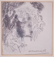Herman Lipót (1884-1972): Kerti mulatság. Ceruza, papír, jelzett, üvegezett keretben, 26,5x26,5cm