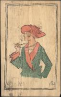 Lady, wooden card, artist signed (b)