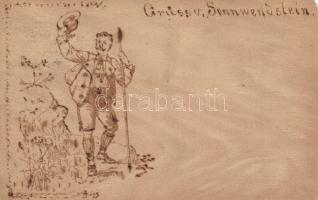 1898 Sonnwendstein, hand-crafted drawing, wooden look card (EM)