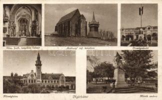 Nyírbátor, Községháza, katolikus templombelső, "Báthory" református templom, Hősök szobra, országzászló