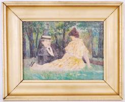 Oldal Lajos: Piknik 1918. Akvarell, papír, jelzett, üvegezett keretben  45×55 cm