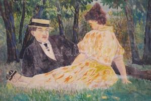 Oldal Lajos: Piknik 1918. Akvarell, papír, jelzett, üvegezett keretben  45×55 cm