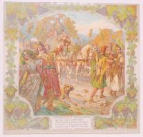 cca 1900 Helbing Ferenc (1870-1958): Négy évszak - szerelmesek. Szecessziós falinaptár lapjai üvegezett keretben, paszpartuzva. Kőnyomat / cca 1900 Four seasons art-nouveau calendar pages in paspartu and frame. Lithography 27x27 cm, 42x52 cm