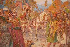 cca 1900 Helbing Ferenc (1870-1958): Négy évszak - szerelmesek. Szecessziós falinaptár lapjai üvegez...