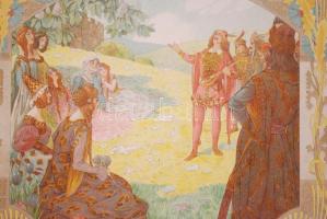 cca 1900 Helbing Ferenc (1870-1958): Négy évszak - szerelmesek. Szecessziós falinaptár lapjai üvegez...