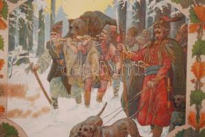 cca 1900 Helbing Ferenc (1870-1958): Négy évszak - szerelmesek. Szecessziós falinaptár lapjai üvegez...