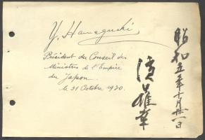 Osachi Hamaguchi japán miniszterelnök saját kezű aláírása füzetlapon /  Autograph signature of Osachi Hamaguchi prime minister of Japan on notebook-page 19x13 cm