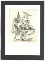 P. Beulema: Munkába temetkezve. Rézkarc, papír, jelzett, benne üdvözlő sorok a művésztől és feleségétől, 15×10 cm