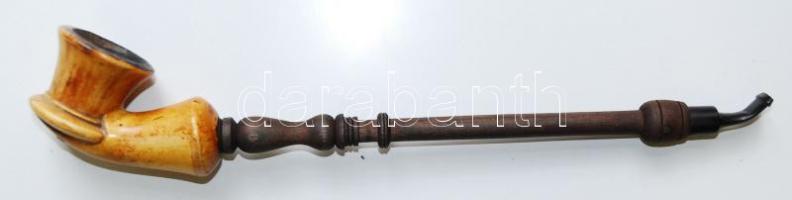 Tajték pipa, jelzett, szár pótolt, h:31 cm
