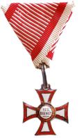 1860. "Katonai Érdemkereszt" zománcozott kitüntetés mellszalaggal, felirat alatt indadísz! T:2-(zománchiány) Hungary 1860. "Cross for Military Merit" enamelled decoration on war ribbon with trail beneath VER / DIENST C:VF (enamel missing)