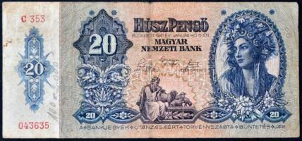 1941.01.15. 20 Pengős bankjegy nyomólemez gyártásához készített vésett pozitív lemez (167x78mm) + tá...