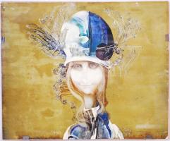 Szász Endre (1926-2003): Hölgy tollas kalapban. Olaj, karton, jelzett, 32,5x40cm