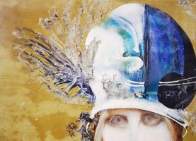 Szász Endre (1926-2003): Hölgy tollas kalapban. Olaj, karton, jelzett, 32,5x40cm