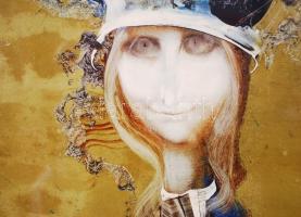 Szász Endre (1926-2003): Hölgy tollas kalapban. Olaj, karton, jelzett, 32,5x40cm