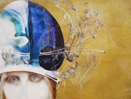 Szász Endre (1926-2003): Hölgy tollas kalapban. Olaj, karton, jelzett, 32,5x40cm