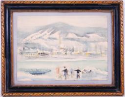 Róna Emy (1904-1988): Téli folyópart. Akvarell, papír, jelzett, üvegezett keretben 29×37 cm