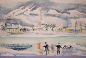 Róna Emy (1904-1988): Téli folyópart. Akvarell, papír, jelzett, üvegezett keretben 29×37 cm