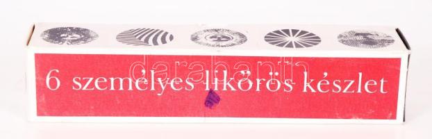 6db-os likőrös készlet zsűrizett iparművész réz tálcával eredeti dobozában az Iparművészeti Vállalattól /  Vintage liqueur glass set with designer copper tray