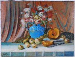 Teleky 1923 jelzéssel: Virág- gyümölcsendélet. Olaj, vászon, 2 cm-es szakadás ami javítva lett, 60×80 cm