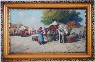 Gutházy Német Gyula (1922-1966): Vásári jelenet. Olaj, farost, szép keretben 39×26 cm