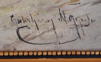 Gutházy Német Gyula (1922-1966): Vásári jelenet. Olaj, farost, szép keretben 39×26 cm