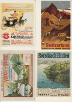 11 db modern motívumlap, svájci közlekedési plakátok reprodukciói, egy kivételével mind megíratlan