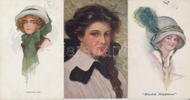 3 db háború előtti, hölgyeket ábrázoló művészlap, mind szignózott