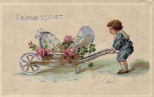 New Year, boy with wheelbarrow, clock, calendar, clover and rose, litho