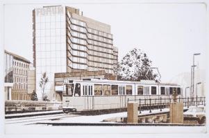 Ismeretlen alkotó: 2-es villamos. Rézkarc, papír, jelzés nélkül, fa keretben,  21×25 cm