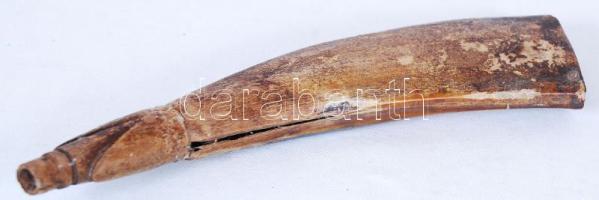 Fából és szaruból készült halfejes kulacs /  Flask from horn and wood decorated with fish head, 24cm
