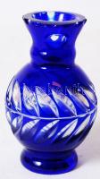 Metszett, kék üvegvázácska (száján apró lepattogzások) /  Blue glass vase, 11cm