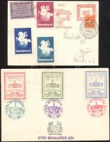 1937 Magyar Nemzeti Nyomtatvány Kiállítás emléklap + 1961 Jubileumi Bélyegkiállítás, Győr emléklap alkalmi levélzárókkal és bélyegzésekkel