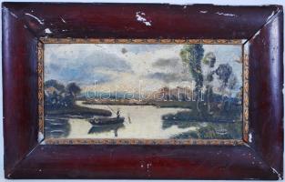 Olvashatatlan jelzéssel: Csonakos, Cca 1880. Olaj, vászon, sérült több helyen, antik keretben 34×54 cm