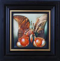 Végvári Tamás (1962-): Pillangó. Olaj, műanyaglemez, jelzett, üvegezett keretben, 26×26 cm