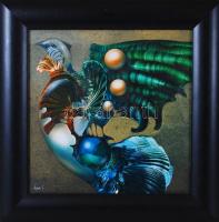 Végvári Tamás (1962-): Madár. Olaj, műanyaglemez, jelzett, üvegezett keretben, 36×36 cm