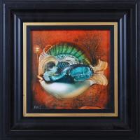 Végvári Tamás (1962-): Hal. Olaj, műanyaglemez, jelzett, üvegezett keretben, 26×26 cm