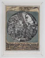 Olvashatatlan orosz alkotó: Építész a körzővel. Rézkarc, papír, jelzett, üvegezett keretben 29×24 cm
