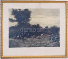 Konecsni György (1908-1970): Őszi erdő. Színezett rézkarc, papír, szép üvegezett keretben 43×50 cm