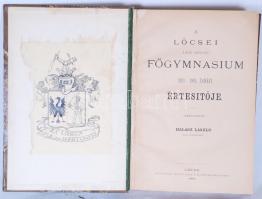 A lőcsei királyi katholikus főgymnasium 1893-1894. tanévi értesítője. Szerk. Halász László kir. főigazgató. Lőcse, 1894. Félvászon kötésben, ex librisszel (egy-két lap sérült, ill. javított, helyenként bejegyzésekkel)