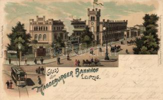 1899 Leipzig Magdeburger railway station, Hotel H. Malsch, tram, litho