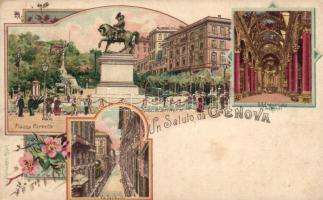 1897 Genova, Corvetto square, the interior of the Basilica della Santissima Annunziata del Vastato, Garibaldi street, litho