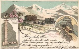 1897 Wengernalp, Scheidegg railway station, Grindenwald tunnel with train, elevator and spiral staircase, arrival hall and restaurant on the top of Jungfrau, litho