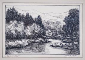 Krutilla József (1930-): Hegyvidék. Tus, papír, jelzett, üvegezett keretben 38×47 cm